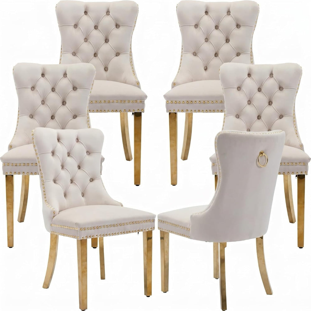 Mid Century Modern Dining Chairs Set of 6, Beige Velvet Upholstered Tufted Ba...
