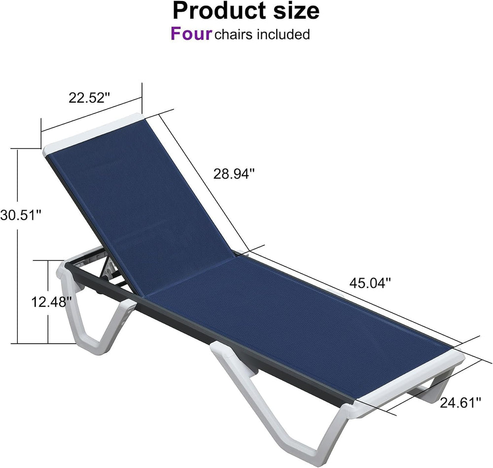 PURPLE LEAF Lounge Chair Outdoor Set of 4 Chaise Lounge w/Wheel, Navy Blue