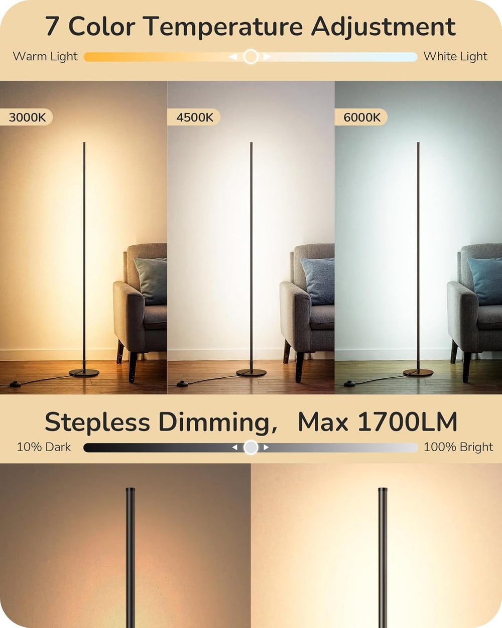 EDISHINE 59.8" Floor Lamp with Remote & 3 Height Settings, Dimmable ...
