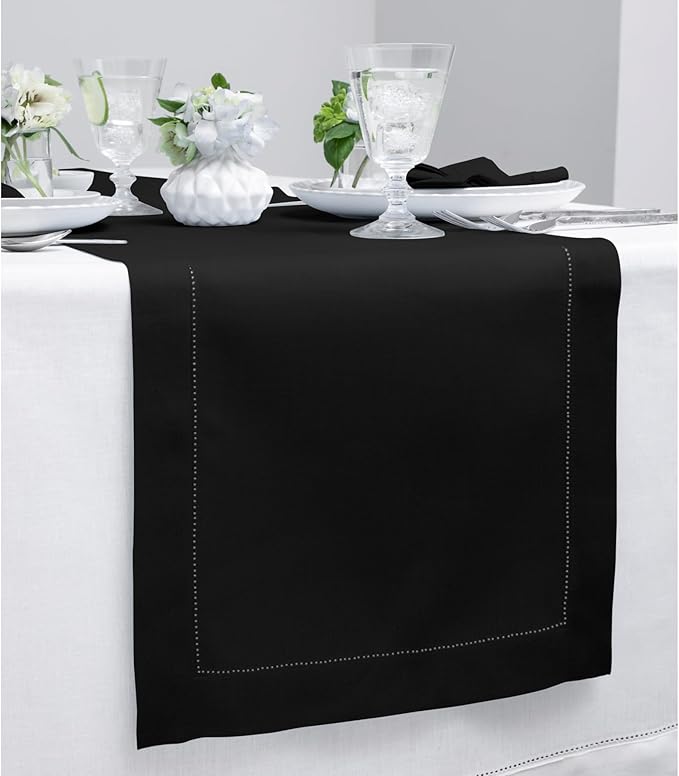 Solino Home Linen Black Table Runner 72 Inches Long - 100% Pure Linen Hemstit...