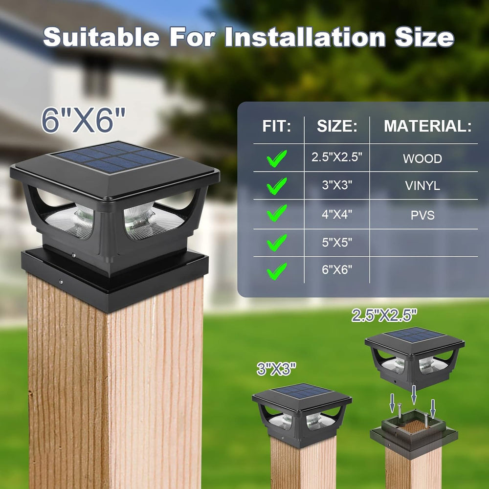 Solar Post Cap Lights 6 Pack, IP65 Waterproof 120LM 6500K Cool White Black