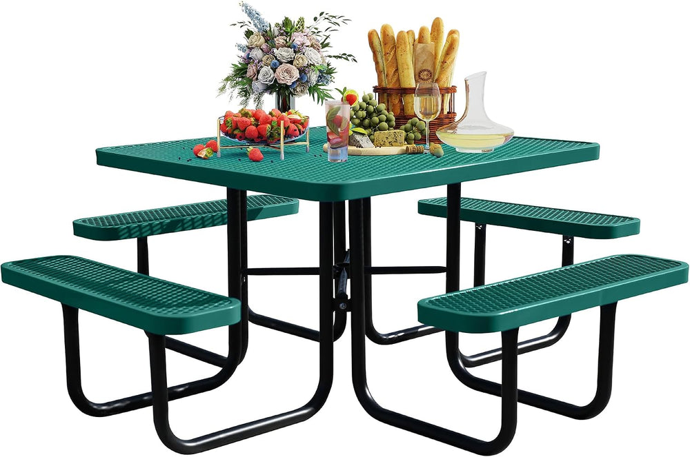 8-Person Picnic Tables for Outdoors, Industrial 46" Expanded Metal Squar...