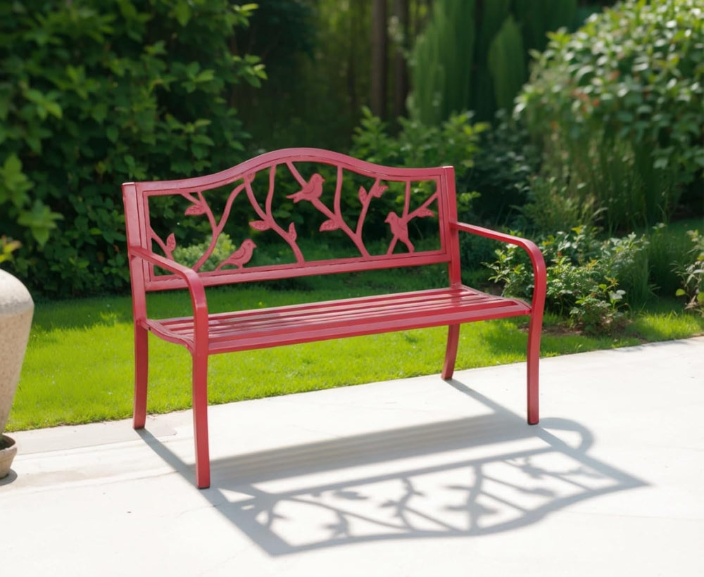 MFSTUDIO 50” Outdoor Garden Bench Cast Iron Metal Bird Pattern Backrest Red