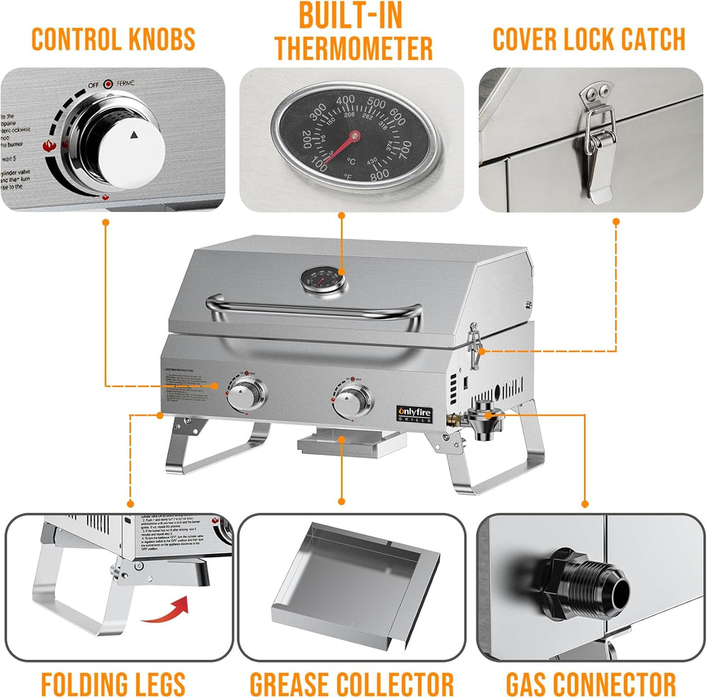ONLYFIRE GRILLS Tabletop Gas Grill 2 Burners, Portable BBQ Grill, GS322