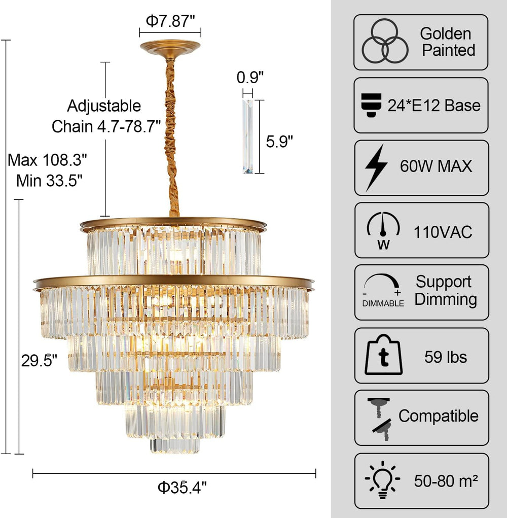35" 24-Light Modern Crystal Chandelier Light Fixture Large 6-Tier Gold L...