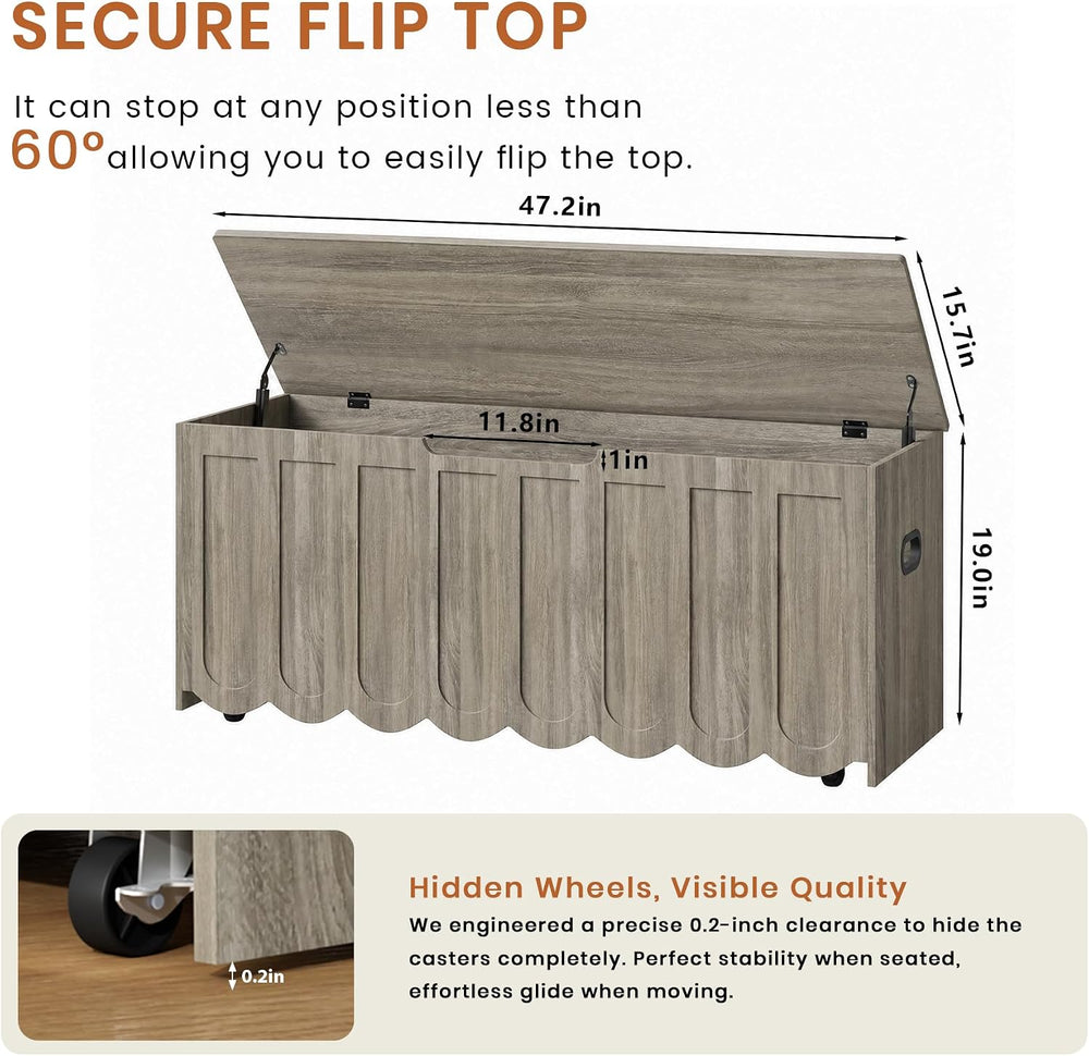 DHZ 47.2 Inch Wooden Storage Bench, Storage Chest with Cushion Seat, 4 Swivel...