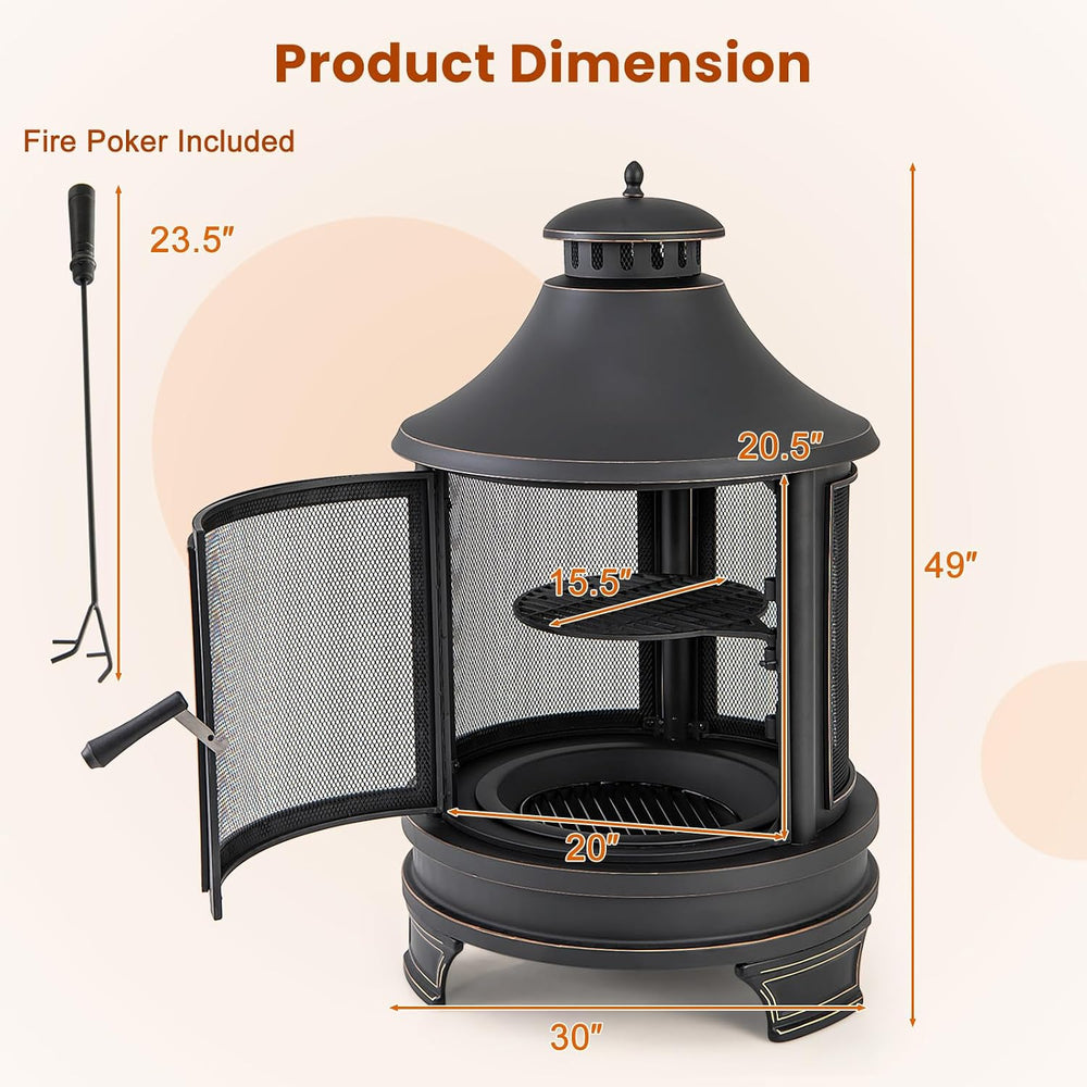 Giantex 2 in 1 Outdoor Fire Pit with Grill, 30 Inch Metal Chiminea, Wood Burn...