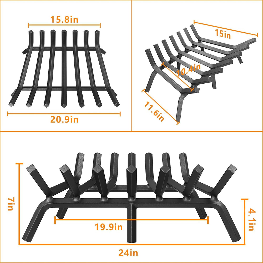 Mr IRONSTONE Fireplace Grate 24 inch Solid Steel Heavy Duty Firewood Log Burn...