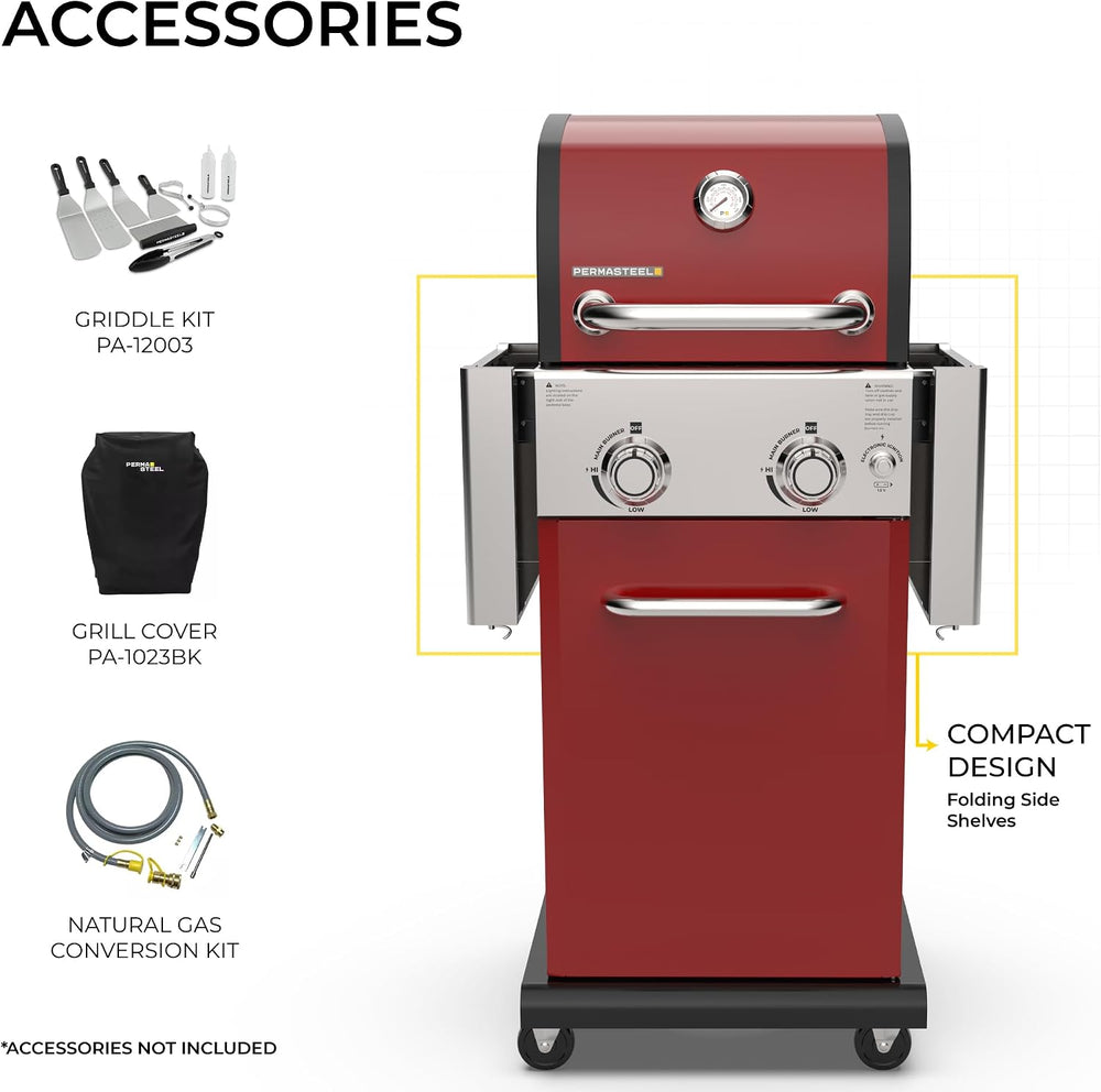 Permasteel 2-Burner Propane Gas Grill, BBQ Grill with Foldable Side Tables &a...