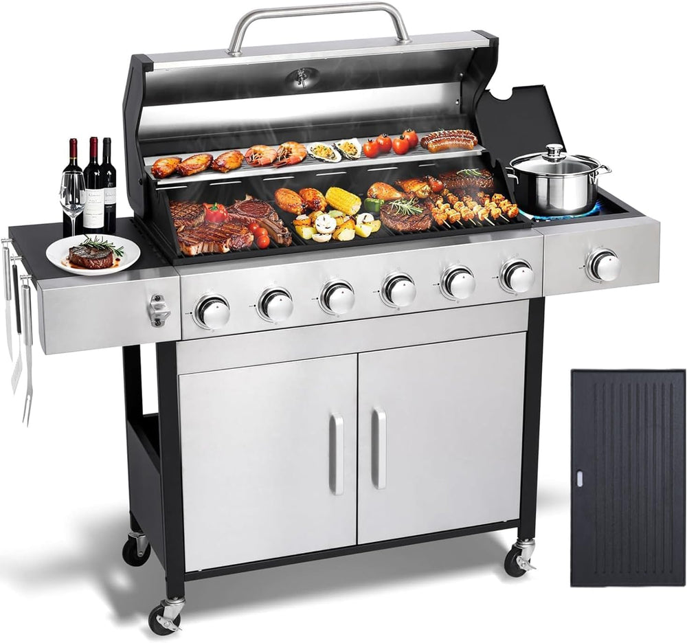6 Burner Propane Gas Grill with Side Burner, Cast Iron Grates & Griddle C...
