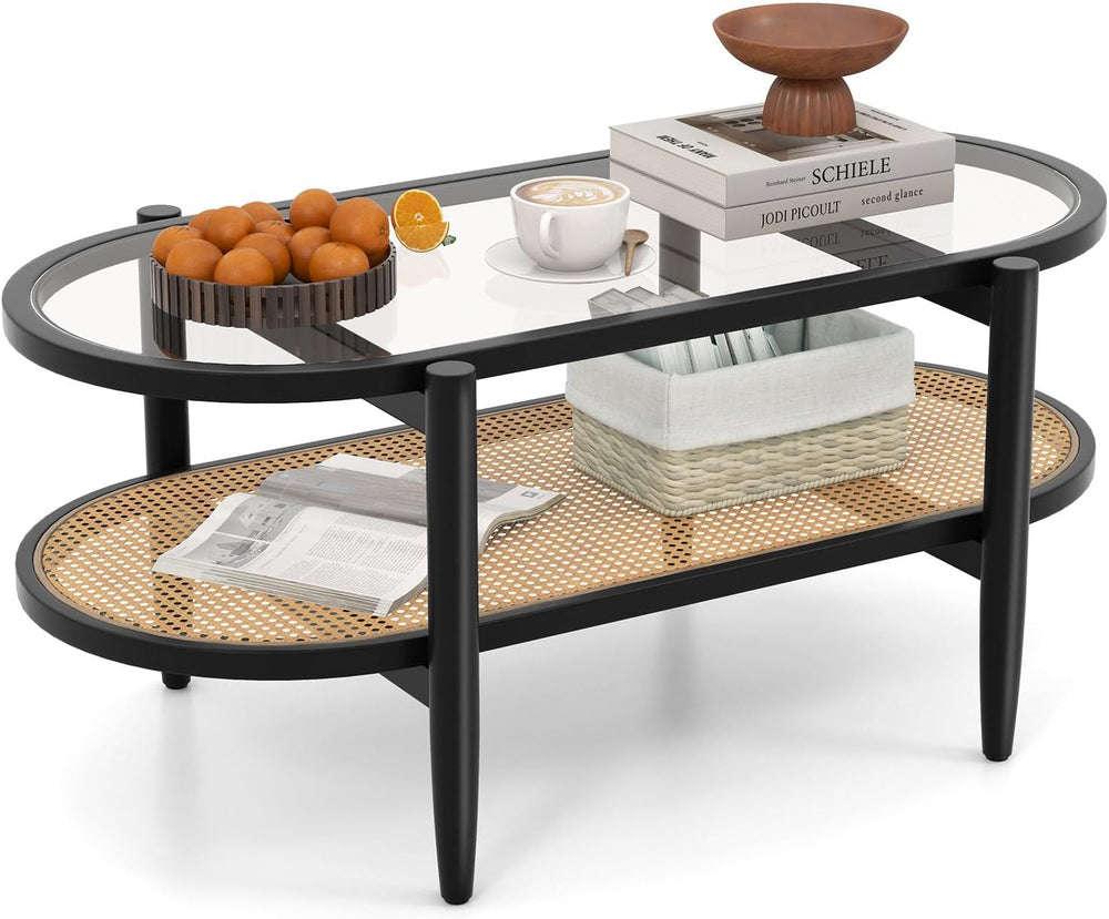 GIANTEX Rattan Coffee Table, 40" Wood Oval Center Table, Black