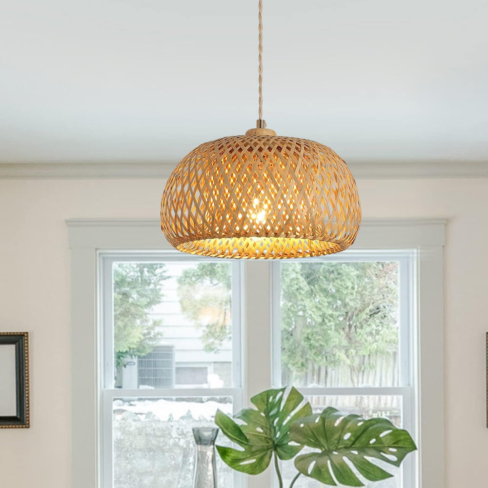 Bamboo Pendant Light Fixture One-Light Adjustable Boho Basket Handmade Woven ...