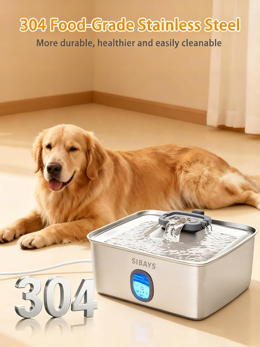 SIBAYS 4Gal/15L Large Dog Water Fountain, Stainless Steel Pet Fountain with W...