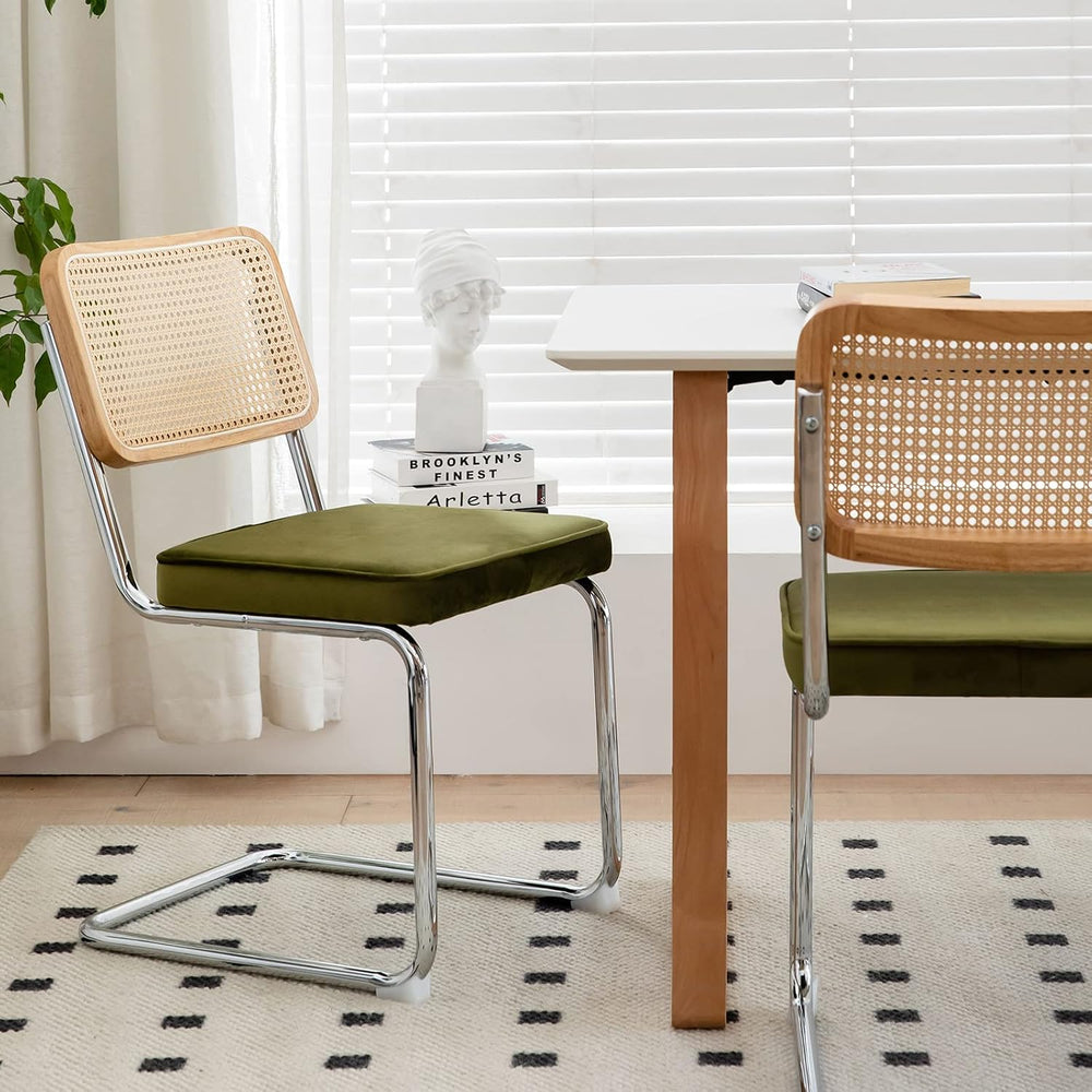 MFFM Rattan Dining Chairs Set of 2, Green Velvet Dining Room Chair with Solid...