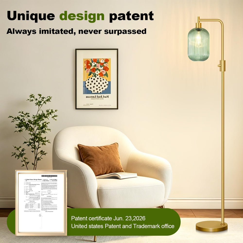 【Upgraded】 Dimmable Floor Lamp for Living Room with Green Ribbed Glass Lampsh...