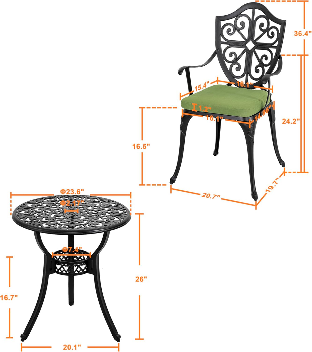 NUU GARDEN Outdoor 3-Piece Bistro Set with Cushions, Round 24 Inch Cast Alumi...