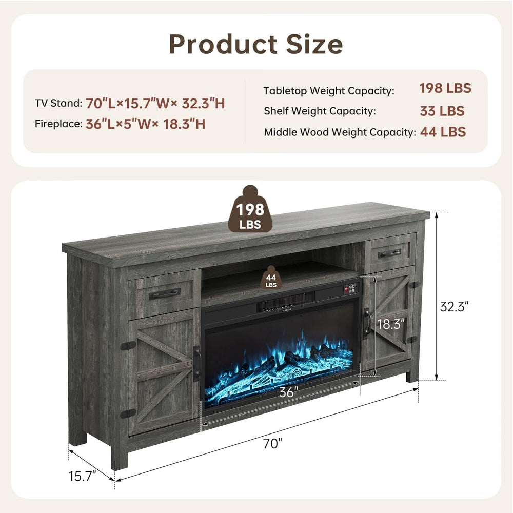 Fireplace TV Stand with Barn Door, 70 inch, Gray