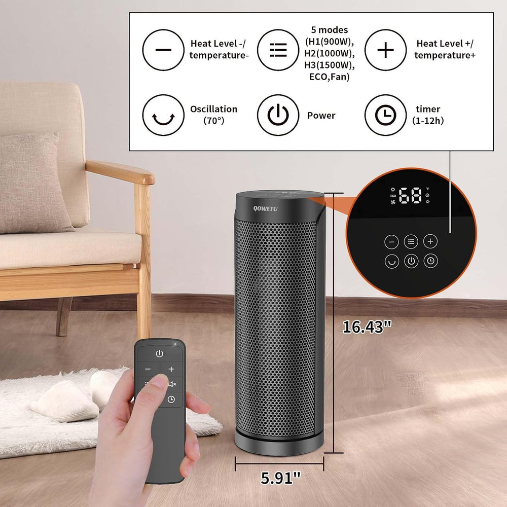 Portable Space Heater for Indoor Use with Remote - QOWETU 70° Oscillating Ele...