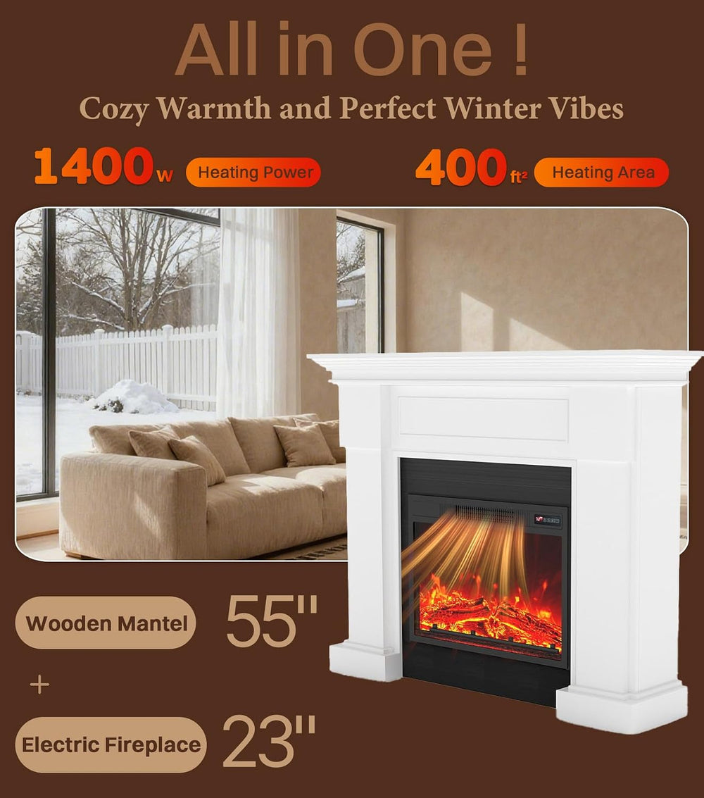 55" Electric Fireplace with Mantel,TV Stand, 23" Fireplace Heat, 8H...