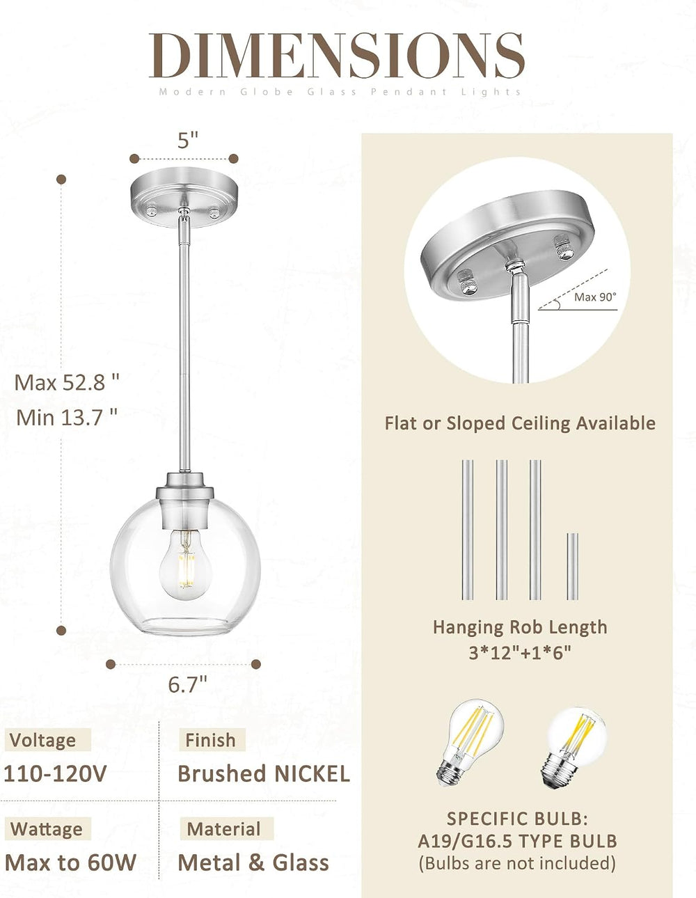 7-Inch Brushed Nickel Pendant Light,Clear Globe Glass,PL101BN