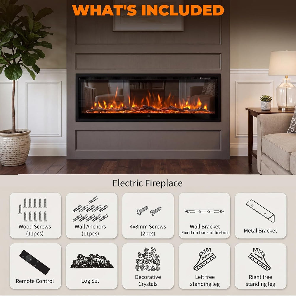 50 Inch Smart Electric Fireplace Insert Recessed and Wall Mounted