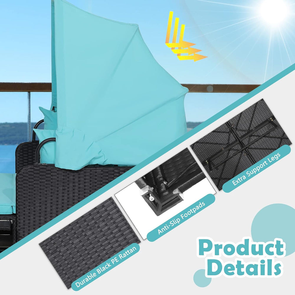 ORALNER Outdoor Daybed, 2-Person Wicker Patio Sofa with Retractable Canopy, C...