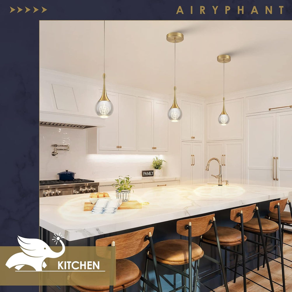 Modern LED Pendant Light for Kitchen Island, Dimmable Gold Teardrop Crystal C...