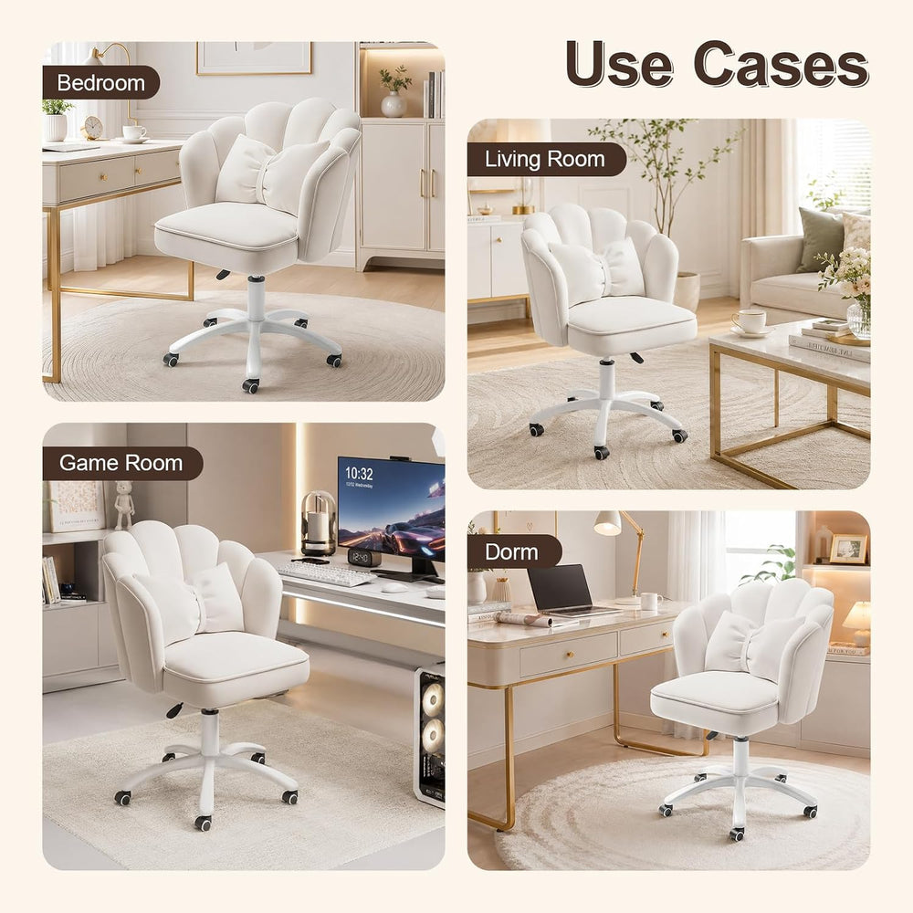 Vanity Chair with Wheels Velvet Petal Desk Chair Upholstered Tufted Home Offi...