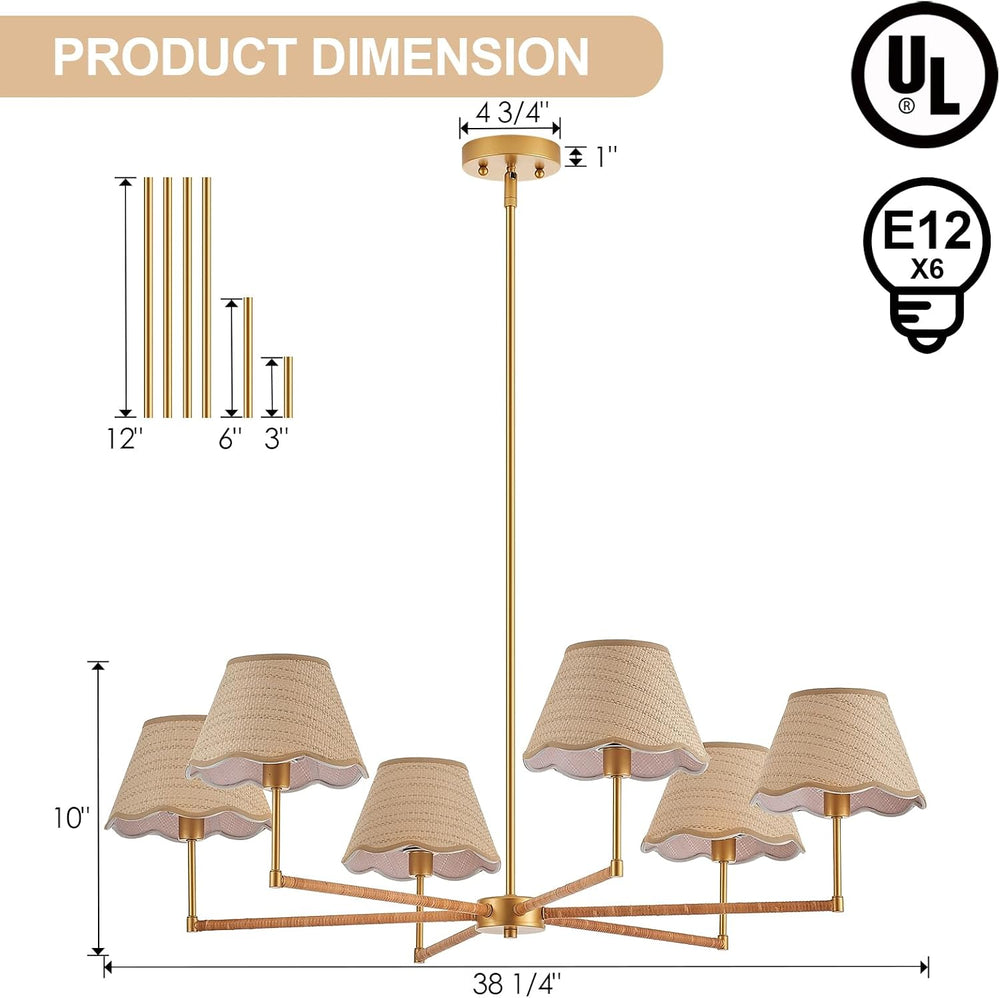 39” Boho Rattan Chandelier 6-Lights Rustic Industrial Pendant Light Large Adj...