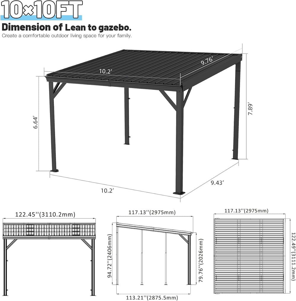 Domi 10'x10' Hardtop Lean-to Wall-Mounted Gazebo Pergola,Grey