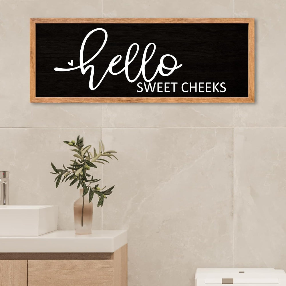 AuraPeak Hello Sweet Cheeks Bathroom Wall Decor, Wood Black, 40"×15"