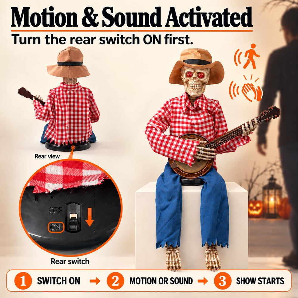 39" Halloween Animatronic Banjo-Playing Skeleton - Animated Scarecrow Co...