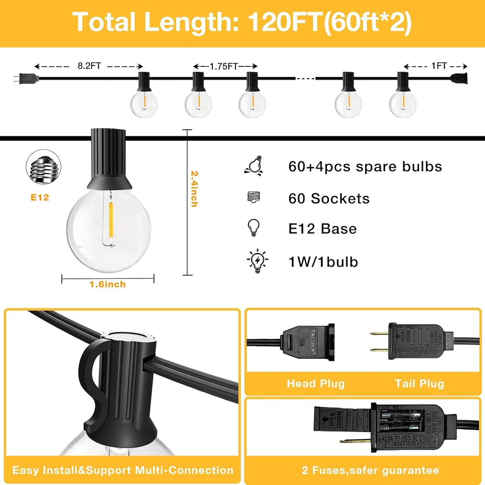 GLUROO 120FT Outdoor String Lights, G40 LED Patio Lights with 64pcs Bulbs, Wa...