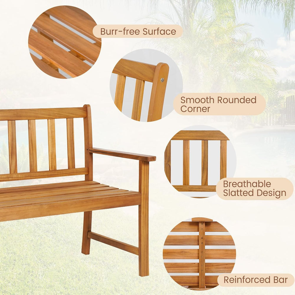 HAPPYGRILL Patio Wood Bench with Ergonomic Backrest & Armrests, 2-Person ...