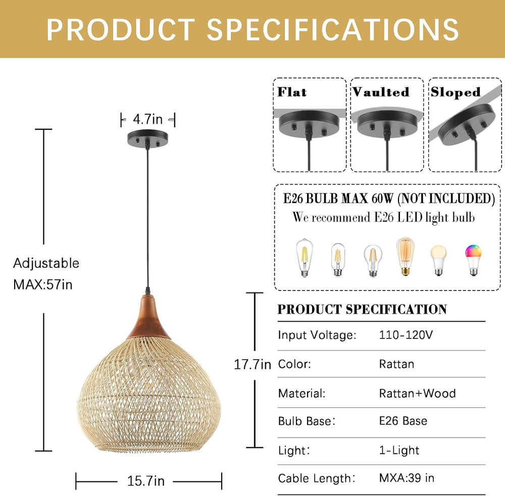 Rattan Pendant Light, 15.7" Rattan Chandelier Hand-Woven Boho Pendant Li...
