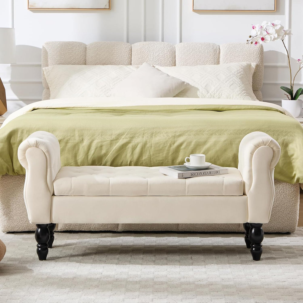 Velvet Upholstered Storage Bench with Arms and Wooden Legs, 47.6" Modern...