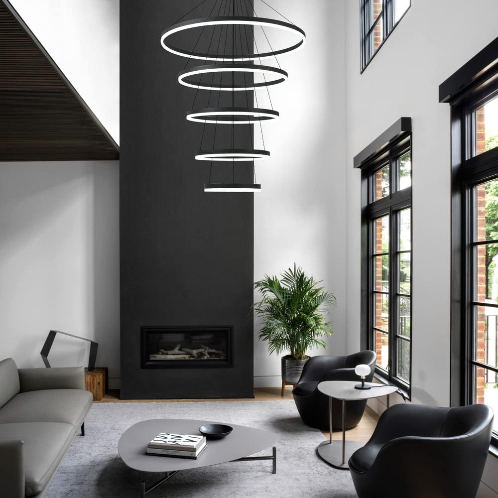 5-Rings Modern LED Chandelier Black Dimmable High Ceiling Chandelier for Dini...