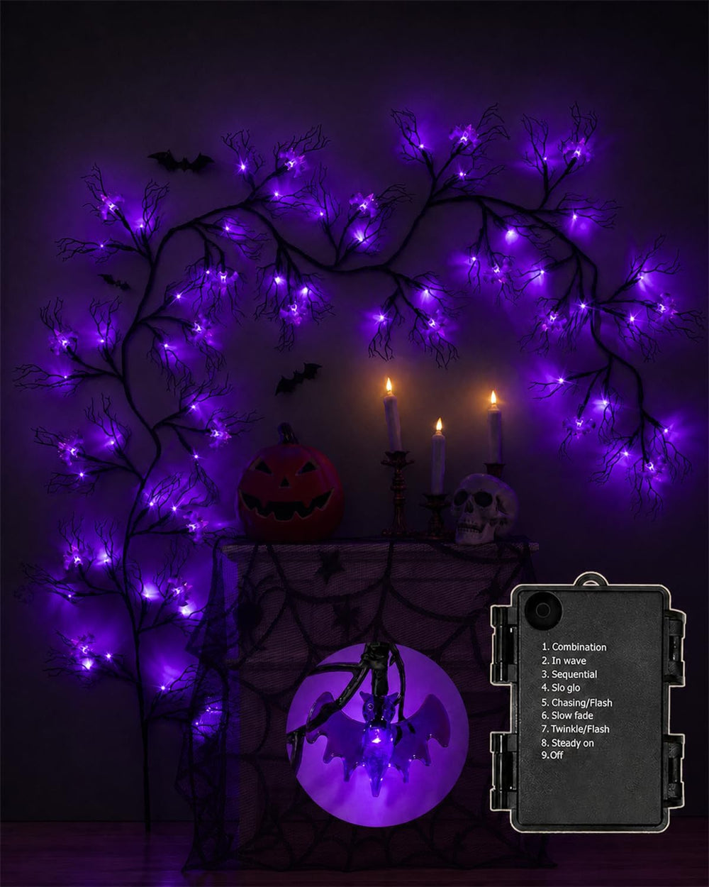 9 FT Halloween Twig Garland Decoration with 66 Purple LED Lights