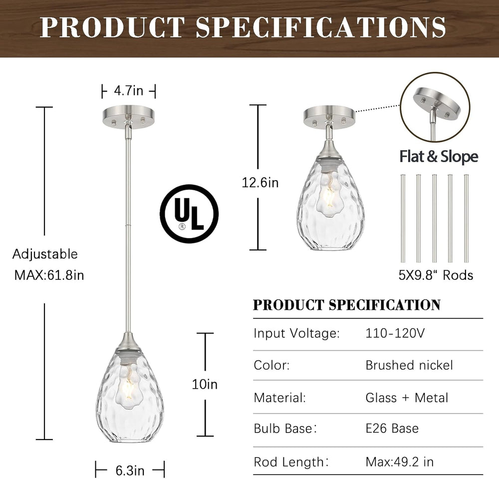 Glass Pendant Lights Kitchen Island, 1-Light Modern Brushed Nickel Pendant Li...