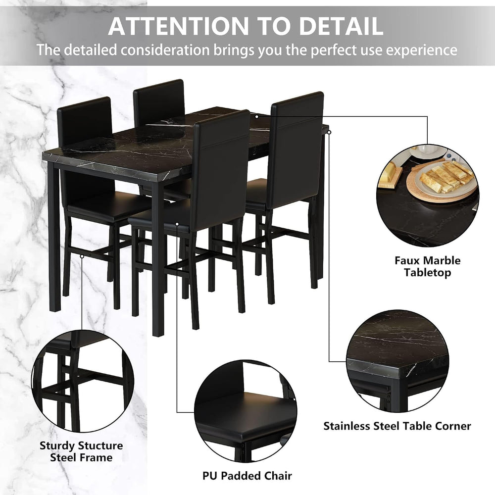 Hooseng Dining Table Set for 4, Modern Faux Marble Kitchen Table with 4 PU Le...