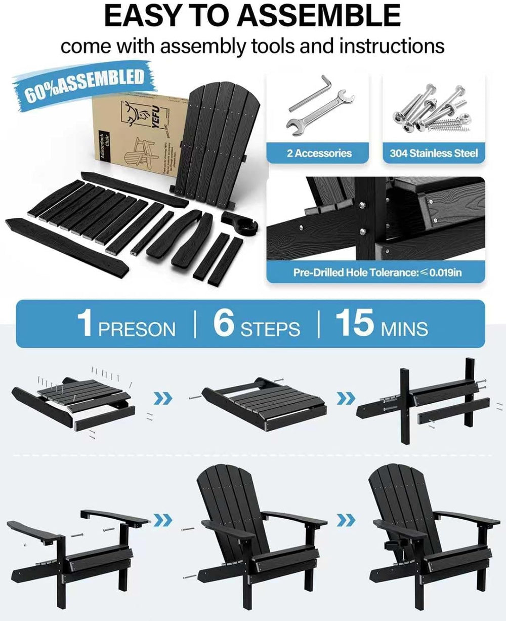 YEFU Adirondack Chairs Set of 2 with Cup Holder, Weather Resistant, Black