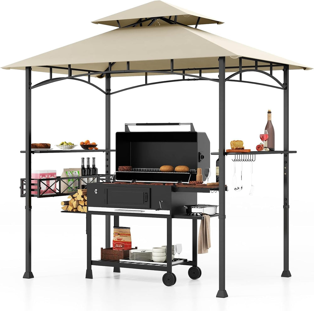 Tangkula 8x5 Ft Outdoor Grill Gazebo w/Side Awning & 2-Tier Vented Canopy