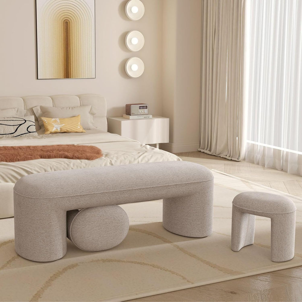 53" Chenille Ottoman Bench with 2 Nesting Ottomans, Oatmeal