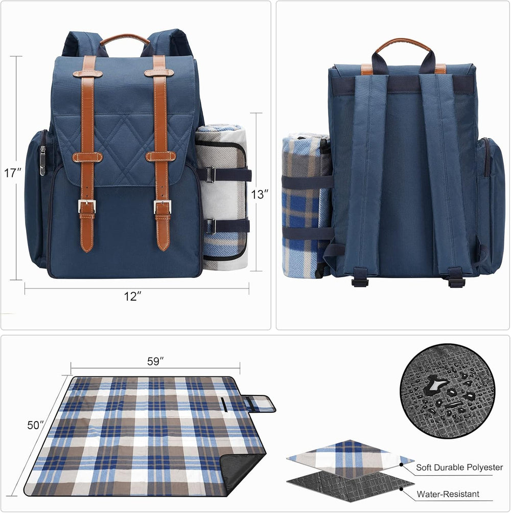 Picnic Backpack for 4 Person w/Cooler & Waterproof Blanket,Blue
