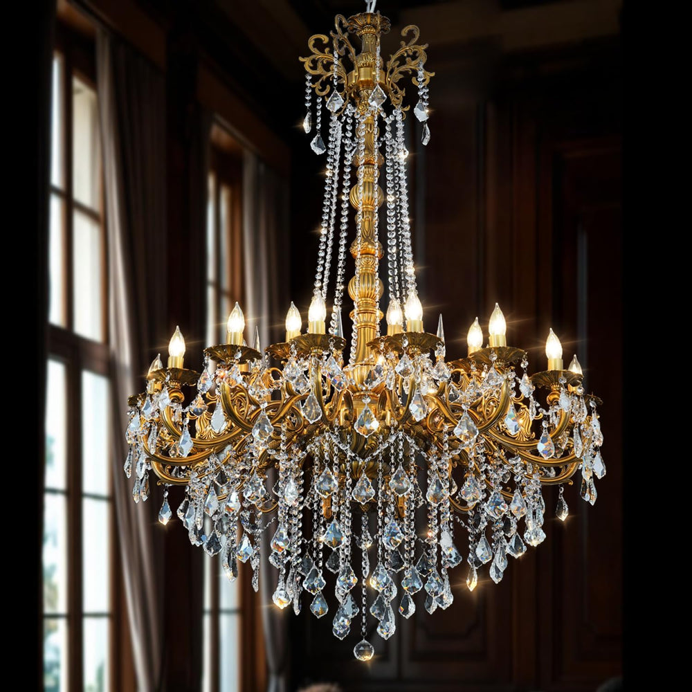 24-Light Antique Gold Crystal Chandelier, Extra Large Luxury Candle Chandelie...