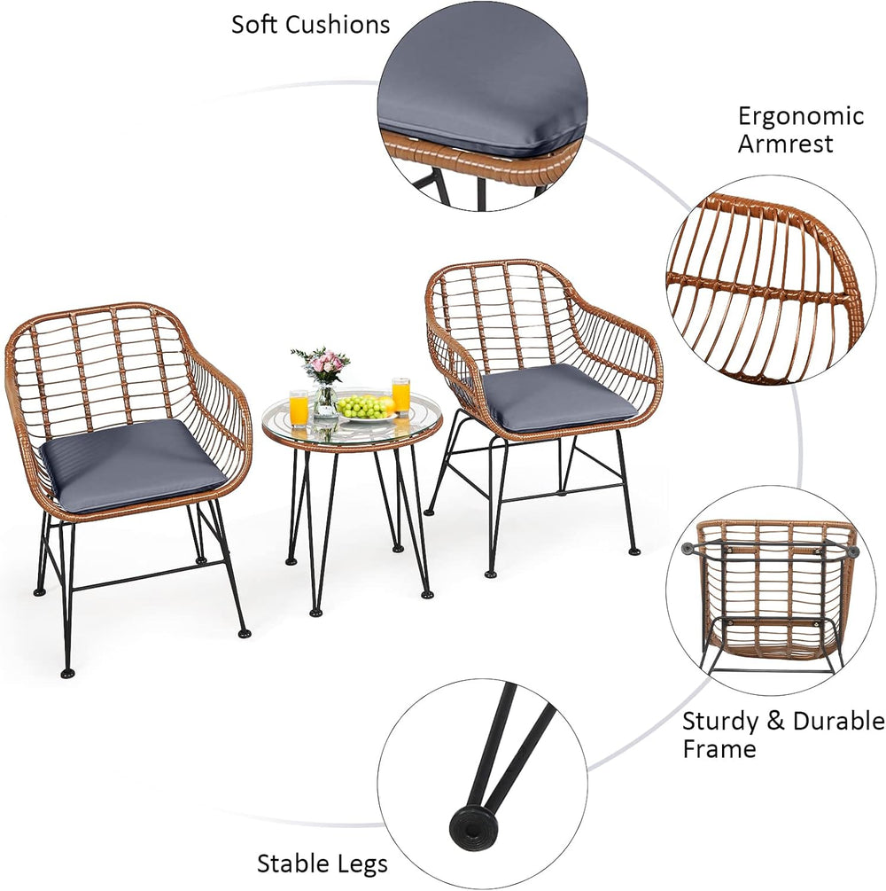 Tangkula 3 Pieces Patio Conversation Bistro Set, Outdoor Wicker Furniture w/R...