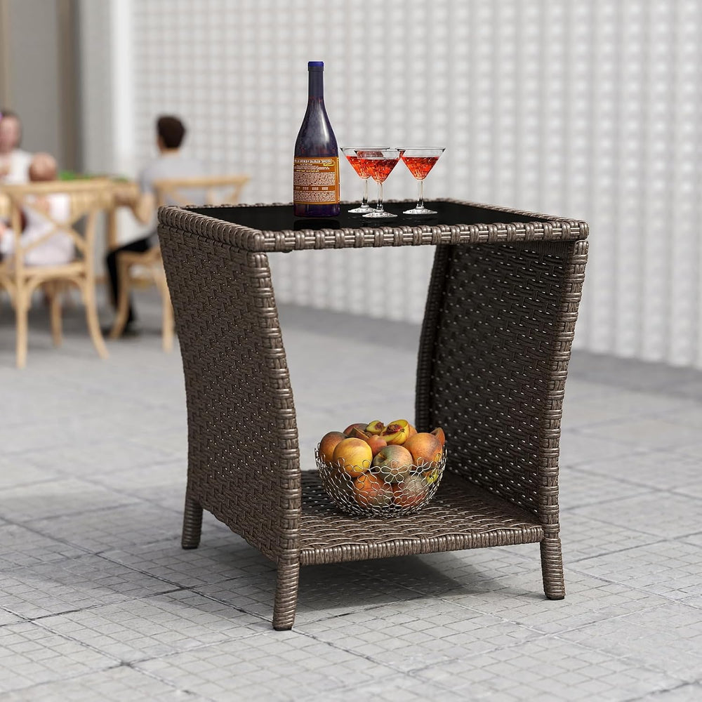 kinbor Outdoor Wicker Side Table, Tempered Glass Top & Storage Shelf, Brown