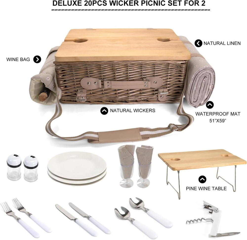 Multifunctional Wicker Picnic Basket Set for 2 with Blanket and Picnic Table,...