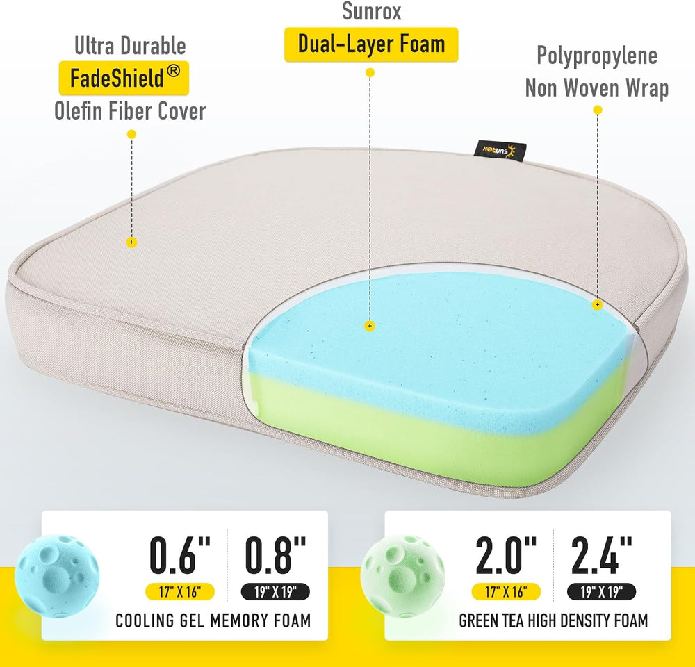 SUNROX Gel Memory Foam Chair Cushions, FadeShield Water-, Stain-Resistant Dur...