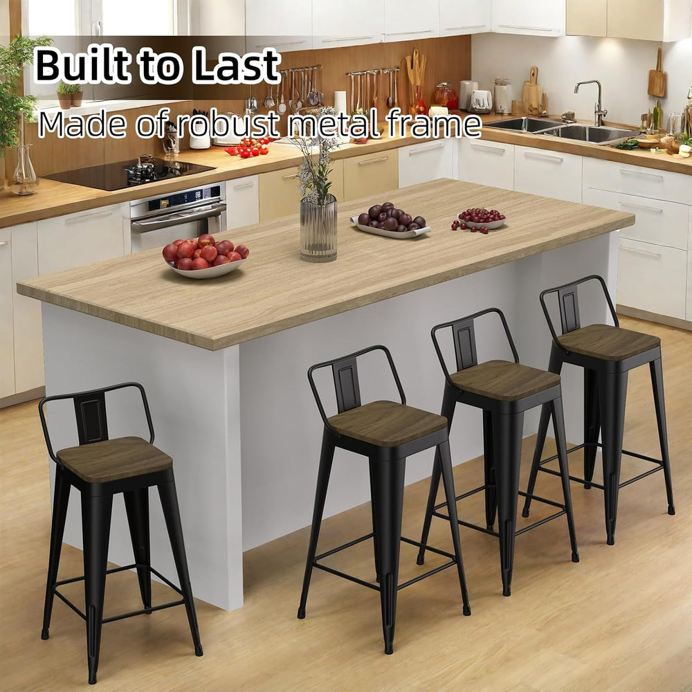 Black Bar Stools Set of 4, Metal Bar Stools with Wooden Seat, Modern 24”Count...